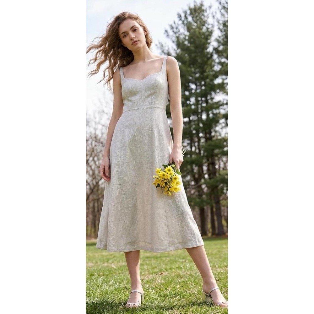 Old Navy Beige Sleeveless Linen Flax Fit Flare Midi Dress Smocked Back Boho S